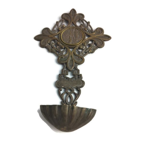 vintage Spelter Faux Brass Holy Water Font Madonna Our Lady of Lourdes ...